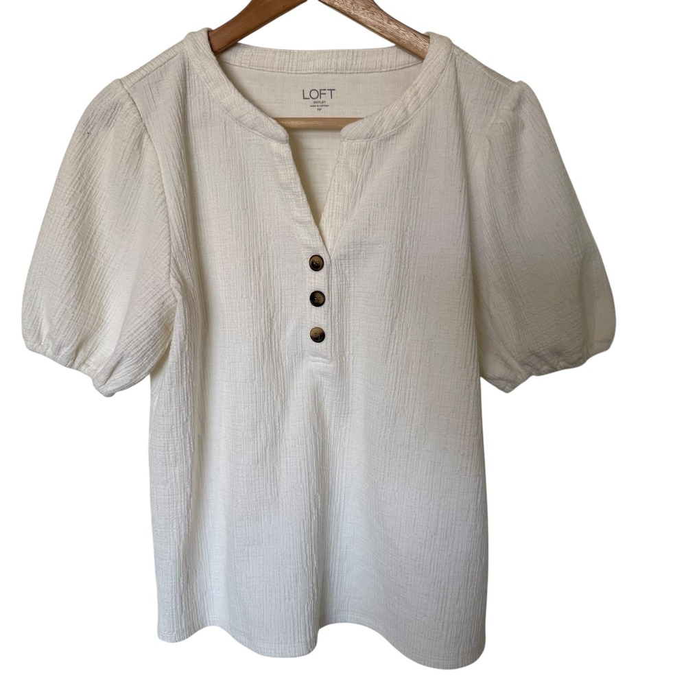LOFT Outlet‎ Textured Split Neck Puff Sleeve Button Henley Top Ivory MP